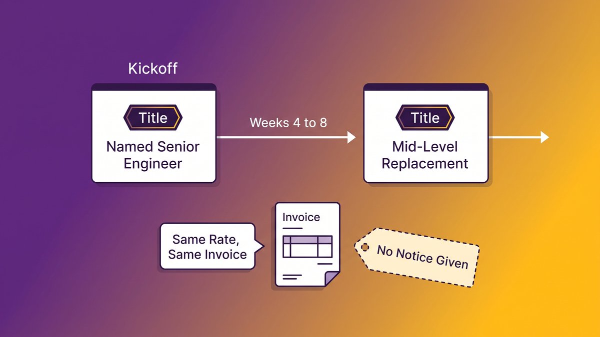 Illustration of software vendor accountability showing a named senior engineer being replaced mid-project by a less experienced hire