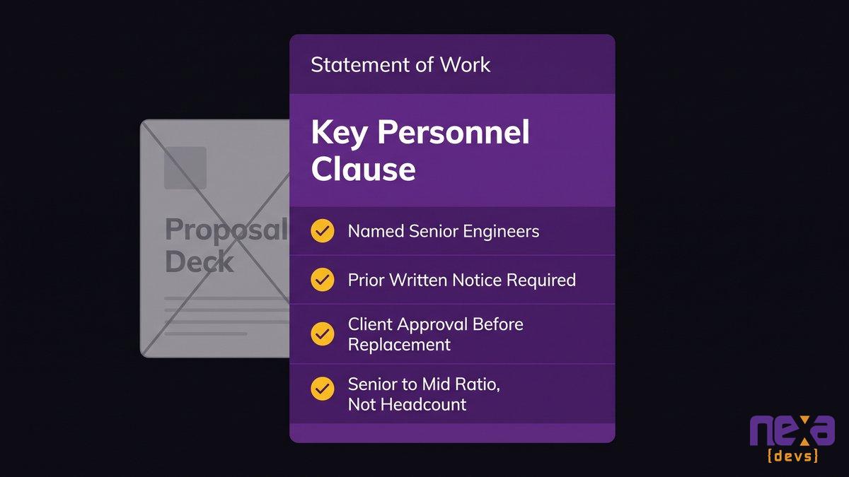 Mockup of a statement of work contract clause naming senior engineers and requiring written notice before replacement